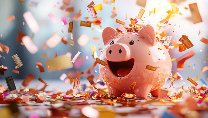 Happy piggy bank celebrating with confetti 